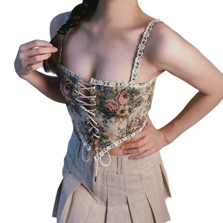 Women%20Summer%20Retro%20Corset,%20Flower%20Print%20Spaghetti%20Strap%20Low-Cut%20Sleeveless%20Bandage%20Crop%20Tops%20for%20Girls%20-%20Image%202