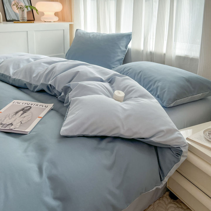 Factory wholesale solid color four-piece set simple washed sanded duvet cover ins wind quilt cover dormitory summer bedding 3