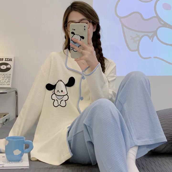 Pajamas%20Women's%20Cardigan%20V-Neck%20New%20Spring%20and%20Autumn%20Waffle%20Long%20Sleeve%20Ins%20Style%20Cute%20Ladies%20Kimono%20Loungewear%20Set%20-%20Image%202