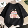 Girls Cute Strawberry Milk Shake Cartoon T-shirt Kids Short-Sleeve Graphic Pink Tops Tee.