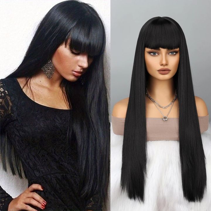 Long Black Wig with Bangs Straight Black Wigs for Women Cosplay Long Synthetic Black Wig Natural Looking for Daily Wear