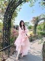 Women's Bubble Sleeves Pink Formal Occasion Evening Dress Elegant and Beautiful Retro Fragmented Flowers Sweet Mid Length Dress.