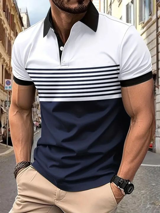 Striped%20Men's%20Casual%20Color%20Block%20Short%20Sleeve%20Lapel%20Polo%20Shirt%20For%20Summer%20Golf%20Shirt%20EUROPEAN%20Measurement%20-%20Image%206