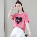 Hong Kong Style Retro Crew Neck Back Slit Love Short Sleeve T Women's Summer T-shirt chic Figure Flattering Back Split Top Fashion. 
