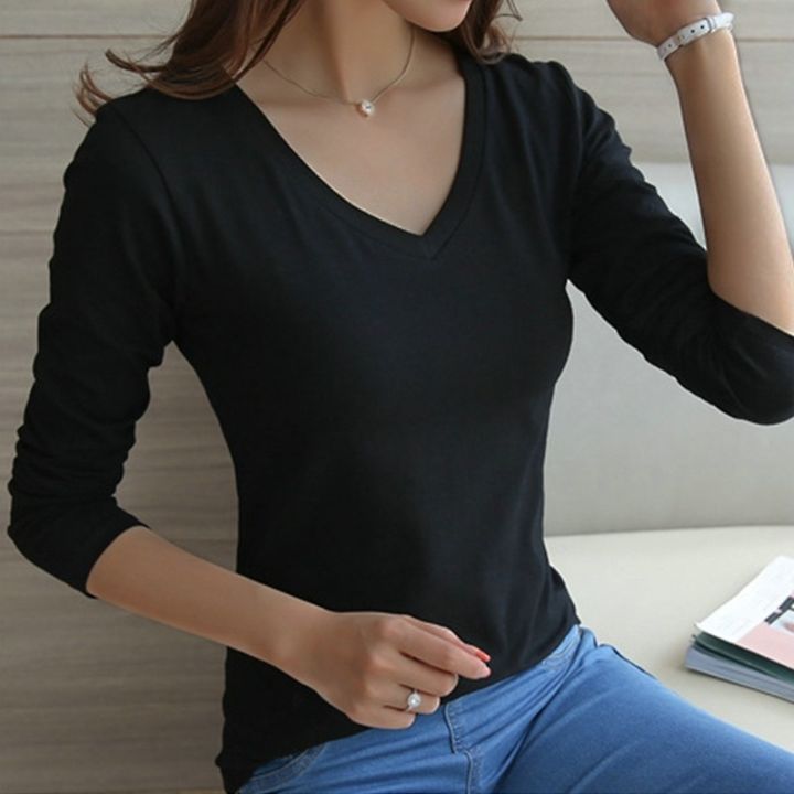 2022%20Black%20White%20Ladies%20Long-Sleeve%20T-Shirt%20Korean%20V%20Neck%20Slim%20Stretch%20Casual%20Bottoming%20Shirt%20Solid%20Color%20Women%20Girls%20Top%20-%20Image%204
