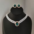 Vintage Medieval Double Layered Pearl Choker Necklace White Green Pearl Earrings Necklace Set.