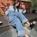Shirt Stitching Denim Jumpsuit Women's High Waist Loose Drooping Mop Trousers Niche Fried Street Wide Leg Straight Pants. 