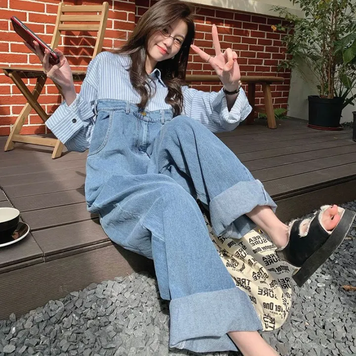 Shirt%20Stitching%20Denim%20Jumpsuit%20Women's%20High%20Waist%20Loose%20Drooping%20Mop%20Trousers%20Niche%20Fried%20Street%20Wide%20Leg%20Straight%20Pants%20-%20Image%203