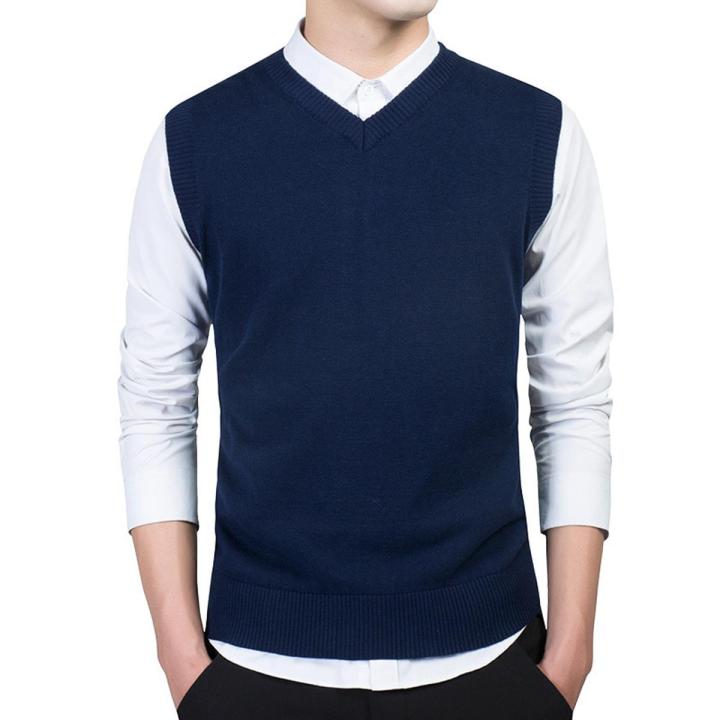 Spring Autumn Winter Solid Color Sweater Men's V-neck Bottoming Knitting Knitted Sweater Sleeveless Pullover Vest Sweater Men