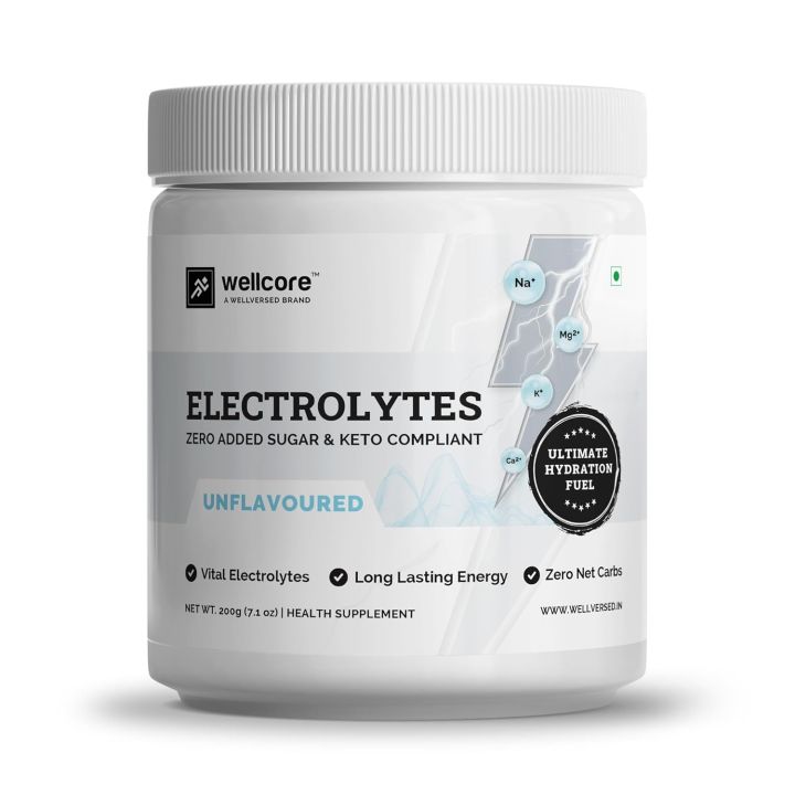 Wellcore - Electrolytes (Unflavoured, 200g)| Electrolyte Drink With 5 Vital Electrolytes: Na, Mg, Ca, K, PO4 | Sugar Free Electrolyte Powder | Fat Fuel Powered Keto Electrolyte