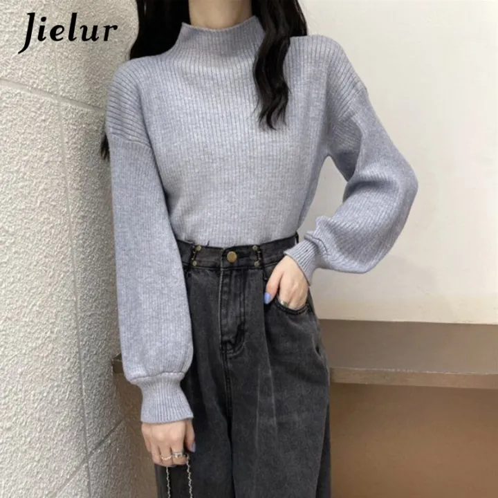 Jielur%20Lantern%20Sleeve%20Sweater%20Women%20Turtleneck%20Office%20Lady%20Pure%20Color%20Knitted%20Pullover%20Loose%20White%20Khaki%20Sweaters%20for%20Women%20-%20Image%208