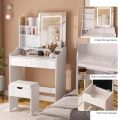 Vabches Vanity Desk with LED Light Mirror and Charging Station, Small Cute Vanity Set with 4 Storage Shelves 2 Drawers, Vanity f. 