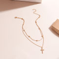 Women's jewelry necklace women's gold and silver retro cross pendant color multi-layer oval bead chain necklace simple.