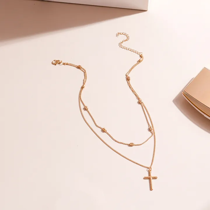 Women's%20jewelry%20necklace%20women's%20gold%20and%20silver%20retro%20cross%20pendant%20color%20multi-layer%20oval%20bead%20chain%20necklace%20simple%20-%20Image%205