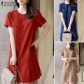 ZANZEA Women Short Sleeve O Neck Flare Swing A Line Mini Dress Party Gown Short Dresses #11. 