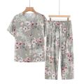 Middle-aged and elderly cotton silk pajamas, women's summer thin short-sleeved two-piece suits, summer cotton cotton silk home clothes can be worn outside. 
