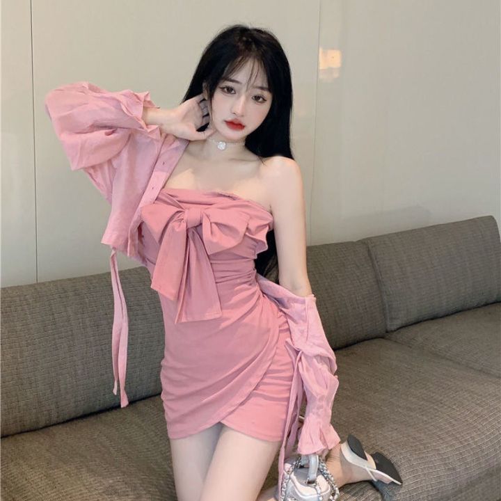 Pure Desire Style Hot Girl Halter Spaghetti Straps Dress Women's Design Sense Cinched Bodycon Sexy Sheath Skirt Summer