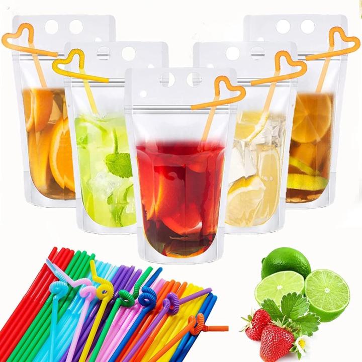 50 Pcs Drink Pouches Juice Bags Reusable Drink Pouches Party /Cocktail/ Smoothies/ Summer Fun Bags for Drink with 50 Straws
