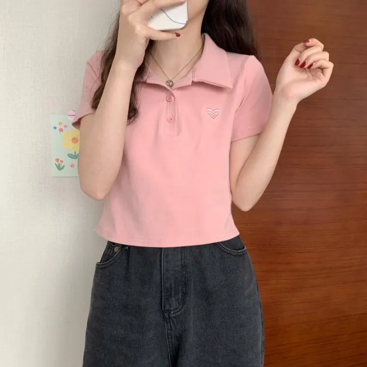 6535%20Cotton%20Summer%20Korean%20Style%202022%20New%20Slim%20Fit%20Slimming%20Embroidered%20POLO%20Collar%20Hot%20Girl%20Style%20Short%20Sleeve%20T%20Women's%20T-shirt%20-%20Image%204