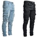 Jeans Men Black Cargo Pants Multi Pockets Denim Pantalones Blue Slim Fit Overol Hombre Fashion Casual Streetwear Trousers 3XL. 
