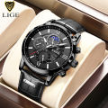 LIGE  Mens Watches Top Brand Luxury Brown Leather Casual Quartz Watch Men Sport Waterproof Clock Watch Relogio Masculino 8932. 