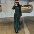 Hugcitar Striped Print Long Sleeve See Through Bodycon Maxi Dress 2023 Winter Women Y2K Evening Party Festival Clothes.