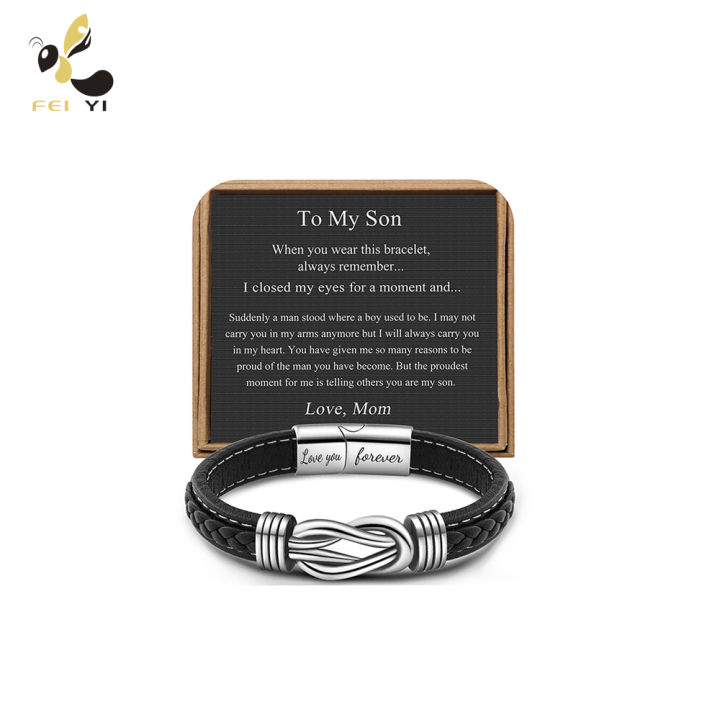 To My Son To My Grandson Bracelet Love You Forever Braided Leather Knot Bracelet Stainless Steel Magnetic Clasp Jewelry Gift