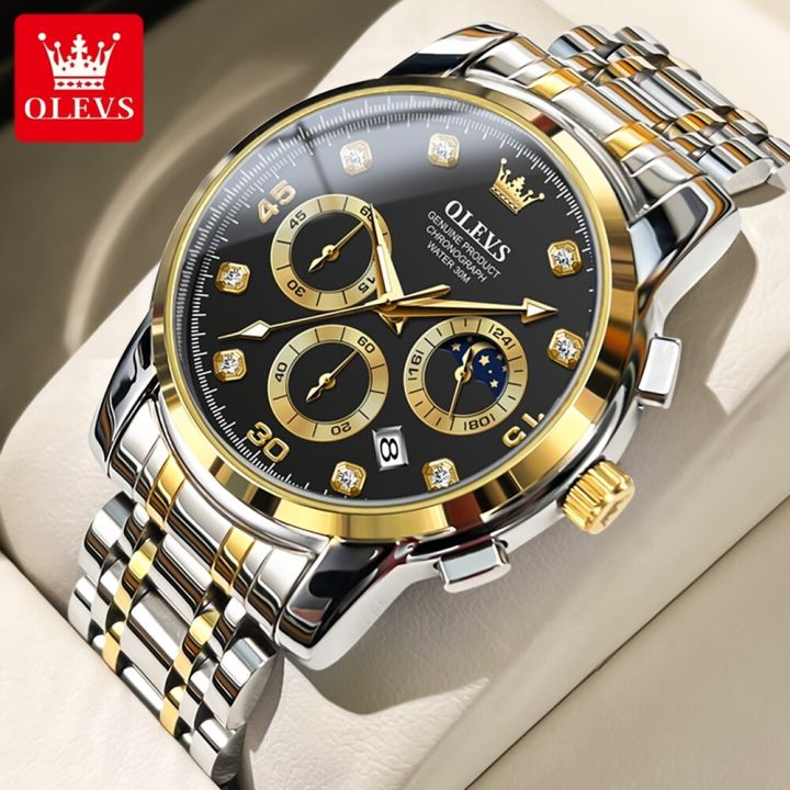 OLEVS Men's Watch Waterproof Diamond set Dial Chronograph Luminous Calendar Stainless Steel Strap with Gift Box 2889