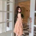 Fairy Dress Western Style off-Neck off-Shoulder Backless Ruffled Stitching Waist-Controlled Slimming Suspender Dress. 