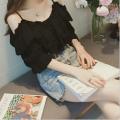 Off-Neck Sling Shirt Ruffled off-Shoulder Top Trendy Loose2023Summer New Women's Korean Style Slimming. 