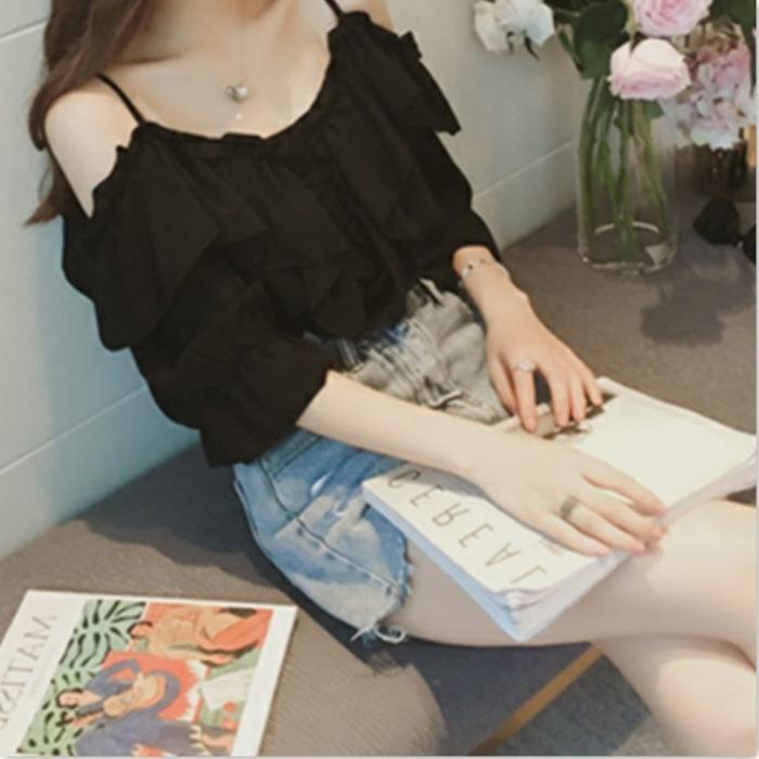 Off-Neck Sling Shirt Ruffled off-Shoulder Top Trendy Loose2023Summer New Women's Korean Style Slimming