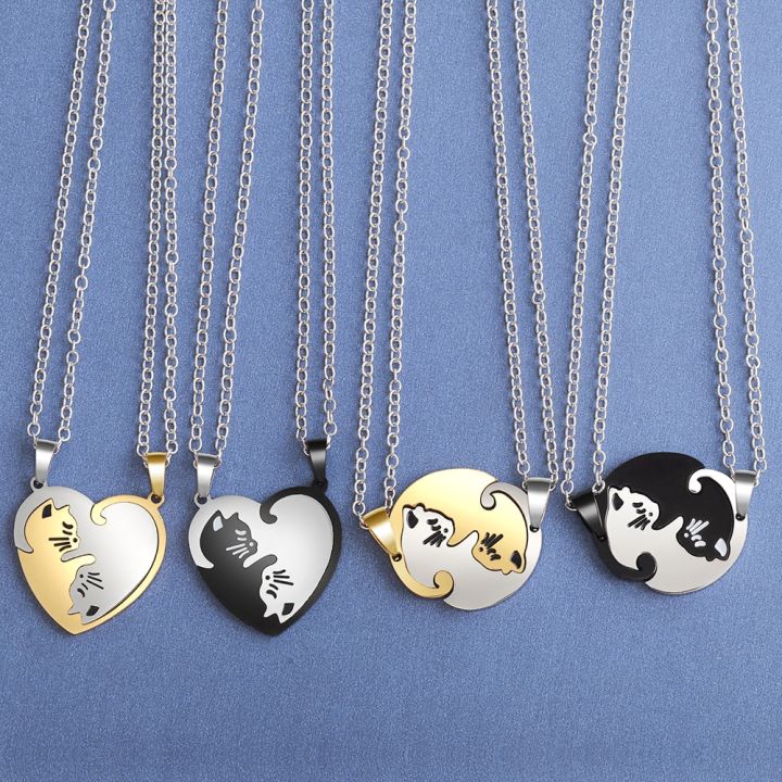 Couple Heart Necklace Cute Cartoon Cat Pendant Necklace Simple