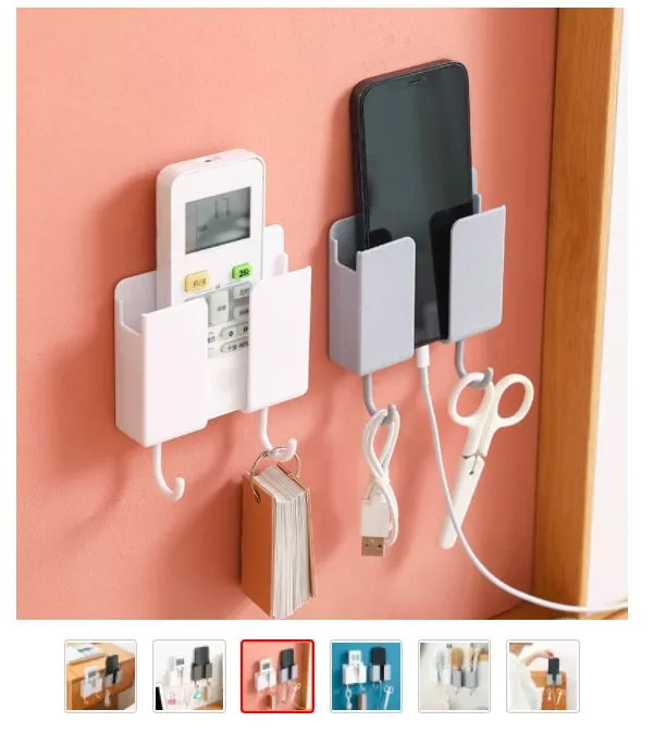 Wall-mounted%20mobile%20phone%20remote%20control%20storage%20box%20plug%20charging%20wall%20bracket%20with%20household%20hook%20organize%20accessories%20-%20Image%205