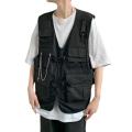 Men'S Cargo Vest Multi Pockets Sleeveless Solid Color V Neck Loose Match Pants Zipper Chain Decor Men Waistcoat Men Clothes. 