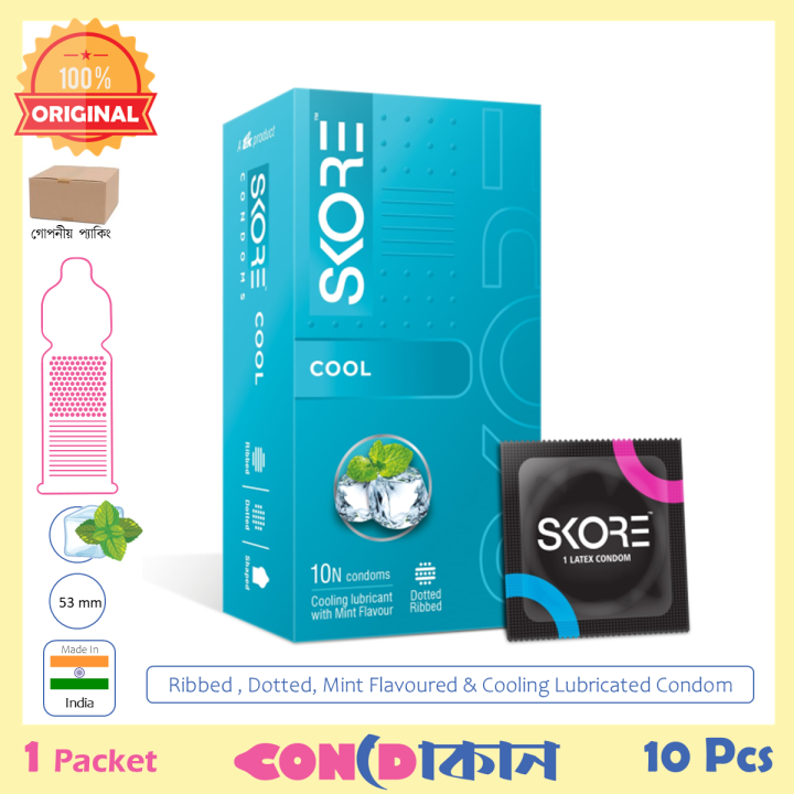 SKORE Cool - Ribbed, Dotted, Shaped, Mint Flafoured Cooling Lubricated Condom 1 Pack(10 Pcs)