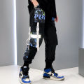 Fashion Swag Streetwear Men Reflective Hop Loose Cargo Pants Male Joggers Graffiti Ribbon Linen Pants Techwear Trousers. 