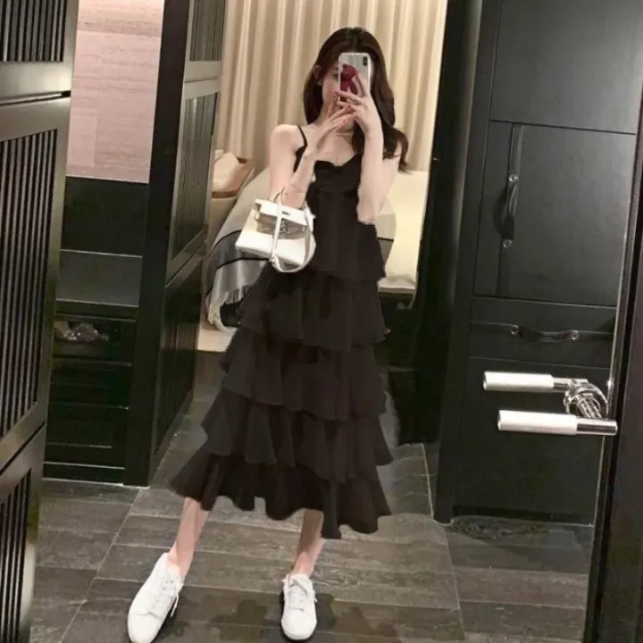 Ruffles%20Dress%20Women%20Spaghetti%20Strap%20Ulzzang%20Summer%20Holiday%20All-match%20Casual%20Loose%20Friend%20Solid%20Simple%20Ins%20V-neck%20Ladies%20Clothes%20-%20Image%204
