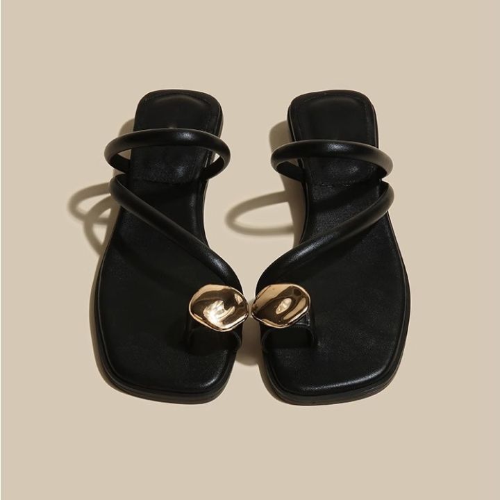 Ruoki%202024%20summer%20new%20black%20square%20toe%20slippers%20women's%20low%20heel%20light%20wear%20clip-toe%20flat%20casual%20slippers%20-%20Image%202