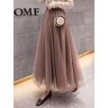 2022 New Spring Summer Korean Style Women Swing Long Skirt Pleated Lace Mesh Sweet Loveliness Lady High Waist Ball Gown Skirts.