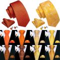 Fashion Orange Yellow Men Tie Luxury Silk Plaid High Quality Pocket Square Cufflinks Sets Groom Wedding Gifts Barry.Wang 6484. 
