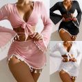 2023New Europe and America Cross Border Conservative Swimwear Women's Solid Color Tassel Mesh Outerwear Short Skirt Four-Piece Bikini.