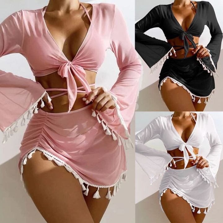 2023New Europe and America Cross Border Conservative Swimwear Women's Solid Color Tassel Mesh Outerwear Short Skirt Four-Piece Bikini