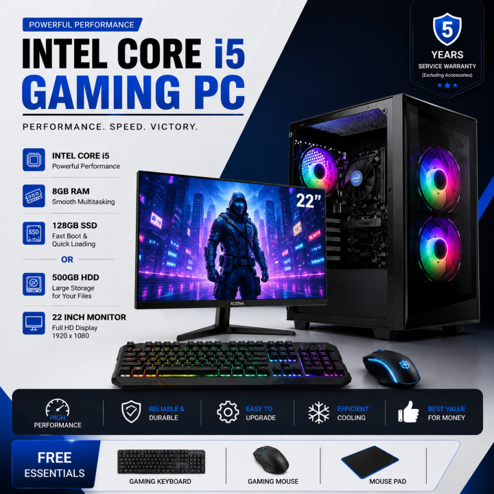 Intel Core i5 8GB RAM 128GB SSD Or 500GB HDD with 22 inch Monitor Desktop Computer Full Set – Fast Performance PC for Office & Home Use