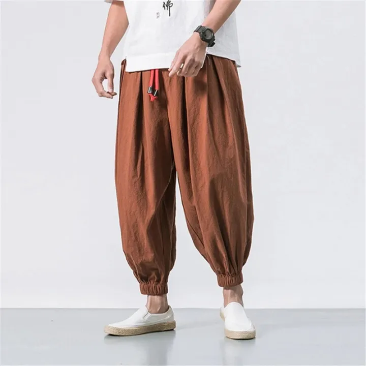 Cotton%20Linen%20Harem%20Pants%20Men%20Solid%20Elastic%20Waist%20Streetwear%20Joggers%20Baggy%20Pants%20Spring%20Men%20Loose%20Casual%20Trousers%20Men%20Sweatpants%20-%20Image%204