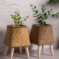 Imitation Rattan Woven Flower Shelf Planters Storage Basket With Wooden Legs Podazz.