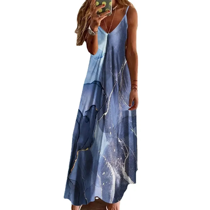 2023%20Summer%20Oversized%20Women's%20Sleeveless%20A%20Version%20Long%20Dress%20Cross%20border%20V-neck%20Positioning%20Flower%20Loose%20Strap%20Dress%20-%20Image%204