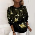 Long Sleeve Fashion Top Round Neck Oversized T-shirt Autumn Winter Women's Simple Style Pullover Sweater Butterfly Print Tee.