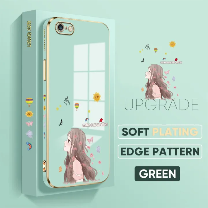 Jizetin (Free Lanyard) for iPhone 6 Plus / 6S Plus Back Cover Butterfly Girl Luxury 6D Plating Case Side Pattern Soft Silicone Square Phone Cases