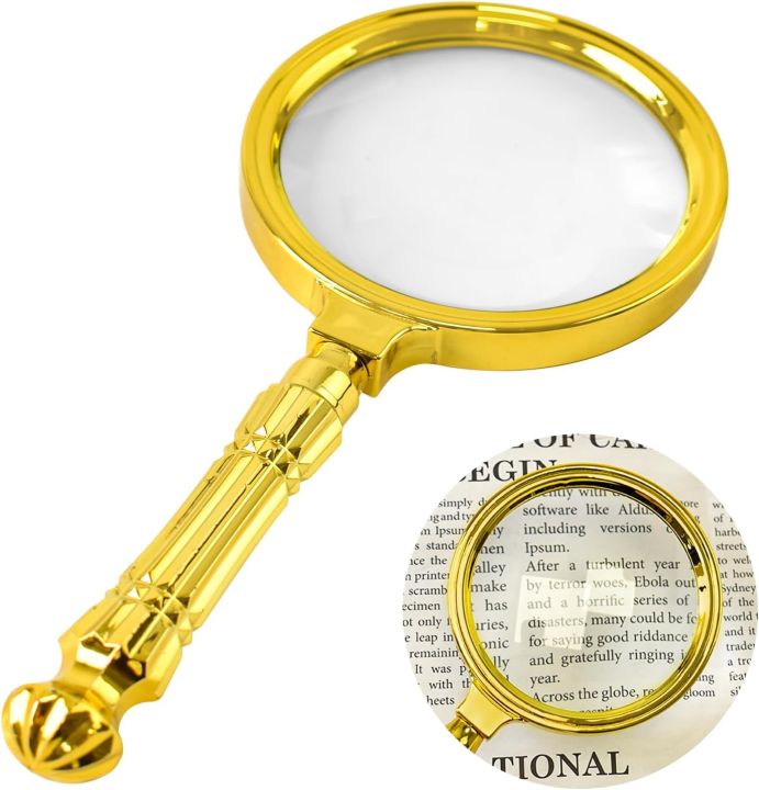 Portable Magnifying Glass with Split Handle, 10X Handheld Reading Magnifying Glass for Seniors & Kids, 80mm Gold Colored Magnifier with Real Glasses for Reading Inspection Coins Jewelry