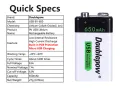 USB 9 Volt 650mAh USB 9v Rechargeable Lithium Battery for Multimeter Smoke detectors and other uses. 